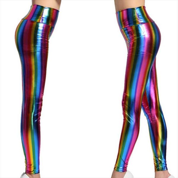 

women high street rainbow striped leggings push up high waist neon fake leather skinny leggings lady dancing rock disco pant, Black