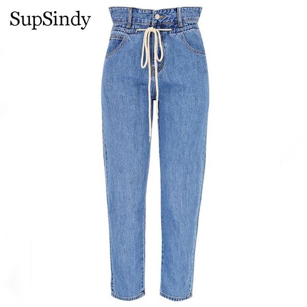 

supsindy women jeans high waist loose straight jeans with belt fashion wild slim zipper for women pants denim trousers, Blue