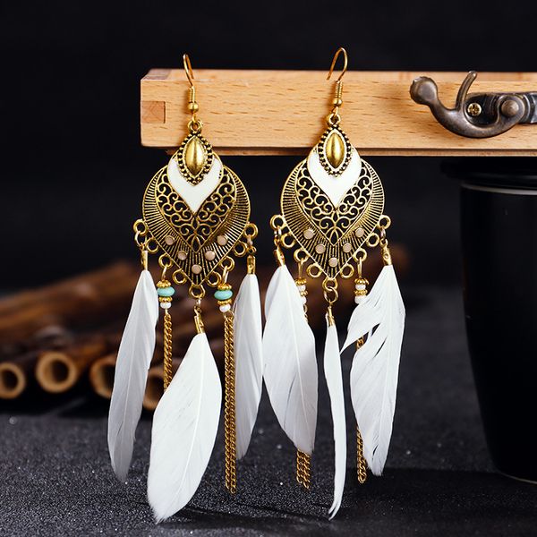 

2020 designer new exaggerated national style personality feather pendant earrings bohemian fashion long earrings, Silver