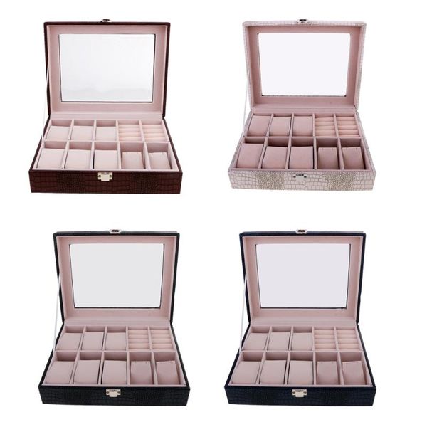 

10 slot watch box pu leather display organizer glass jewelry storage, Black;blue