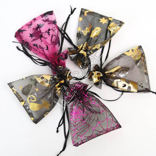 

9*12cm halloween mesh organza bag party candy bags drawstring gifts wrap packing cartoon gold pumpkin skull bat spider web totes d81804