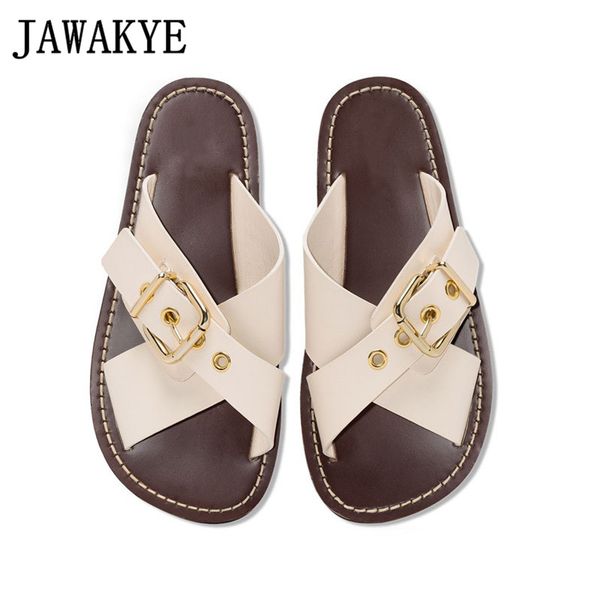 

summer cross strap flat slippers outdoor beach shoes green orange leather slippers chic round toe shoes, Black