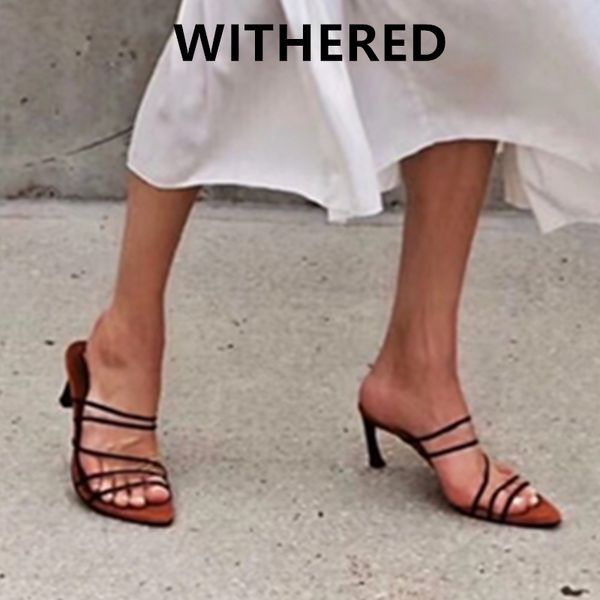 

dress shoes withered ins fashion blogger summer high heel mules retro roma bandage cusp sandals women woman slippers, Black