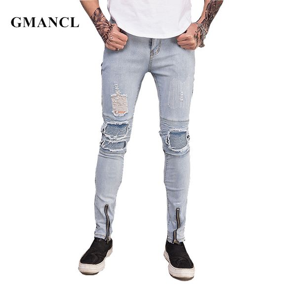 

gmancl 2020 streetwear skinny ripped pleated jeans men brand fashion distressed joggers slim holes washed denim biker jeans, Blue