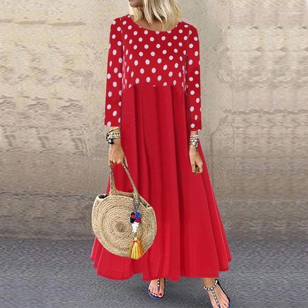 

designer loose female long sleeve apparel spring women polka dot dress casual panelled crew neck ladies dresses fashion, Black;gray