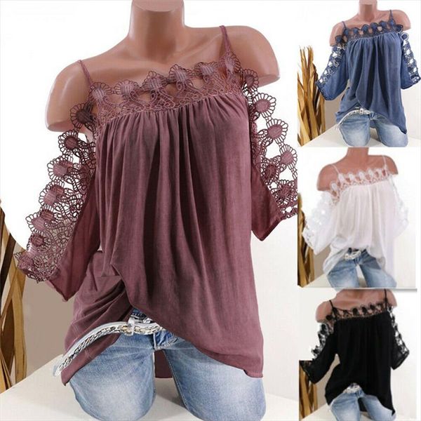 

womens lace cold shoulder t shirt loose casual tunic solid blouse plus size strappy short sleeve off shoulder, Gray