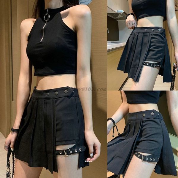 

womens harajuku punk irregular mini pleated skater skirt asymmetric cutout high waist hip hop clubwear with thigh ring shorts, Black