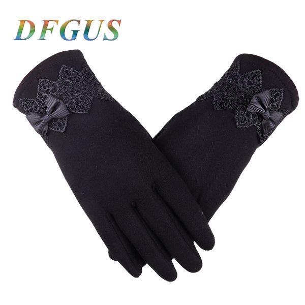 

five fingers gloves women for winter lace bow ladies girls guantes touch screen mittens wool glove warm, Blue;gray