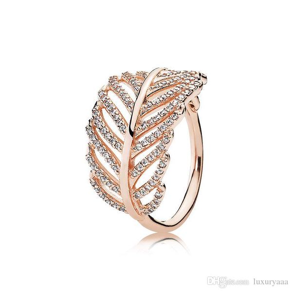 

18k rose gold feather ring logo original box for pandora 925 silver engagement jewelry cz diamond crystal rings for women girls, Slivery;golden