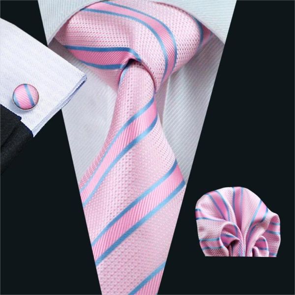 

fa-433 gents necktie pink stripe 100% silk jacquard tie hanky cufflinks set business wedding party ties for men ing, Black;gray