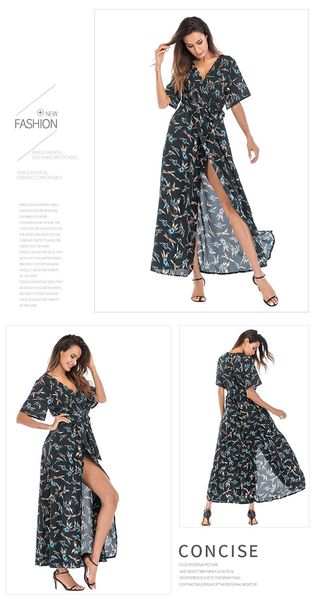

womens crossborder style long short sleeved floral dress women summer v beach dress holiday in the territorial sea, Black;gray