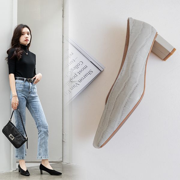 

dress shoes ins women pumps genuine leather square toe stone pattern cowhide upper sheepskin insole ladies, Black