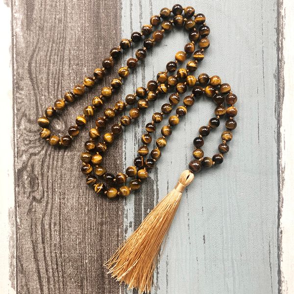 

108 healing stone knotted jewelry meditation stone prayer beads long necklaces men 8mm tigers eye knotted tassl necklace, Silver