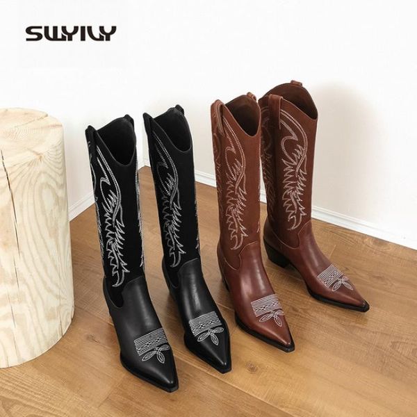 

swyivy women ridding boots luxury emborider 2020 new autumn genuine leather shoes women knee high boots pointed toe block heel, Black