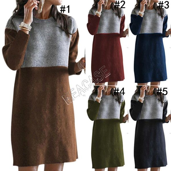 

winter designers clothes women's sweater new style spliced skirt loose large round neck long sleeve woman dress boutique s-3xl d82603, Black;gray