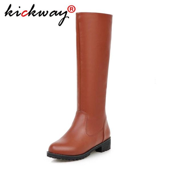 

drop shipping winter pu leather women knee high boots low heels platform ladies shoes slip-on riding boots zapatos mujer 34-43, Black