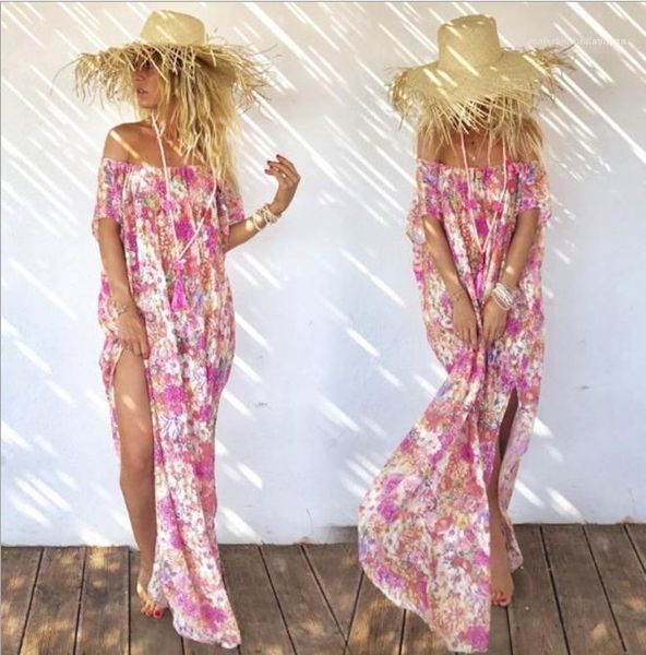 

beach bohemian dress chiffon holiday female clothing womens designer floral printed dresses summer split one shoulder, Black;gray