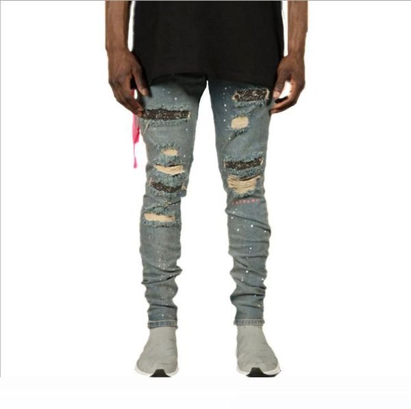 

mens vogue 19ss biker jeans street harajuku male hip hop skateboard jean pants male ripped jeans, Blue