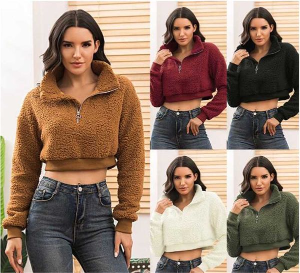 

2020 winter jacket short pullovers sweatshirts zipper warm hoodie for lady clothes women long sleeve casual lantern sleeve, Black
