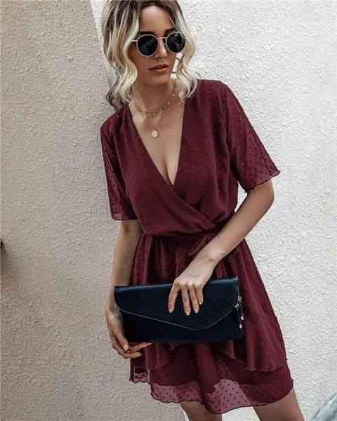 

chiffon candy color short sleeve casaul dresses vacation holiday polka dot womens clothing summer womens deep v neck dresses, Black;gray