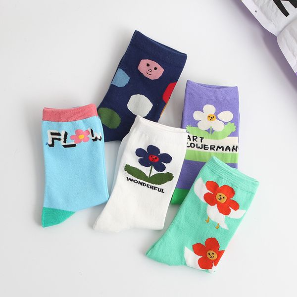

flower letter jacquard women cotton casual autumn winter crew happy socks, Black