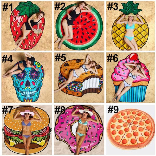 

round beach towel pizza hamburger skull ice cream strawberry pineapple watermelon beach towels blanket shawl dhl shipping