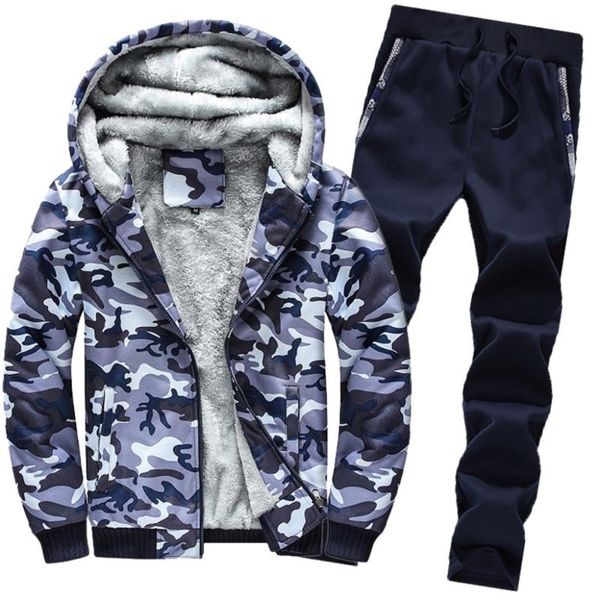 

casual mens tracksuit winter two piece sets fleece thick hooded jacket + pants sporting suit male, Gray