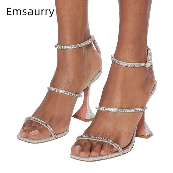 

jeweled narrow band gladiator sandals women silver sequins high goblet heel square open toes rhinestone runway shoes woman, Black