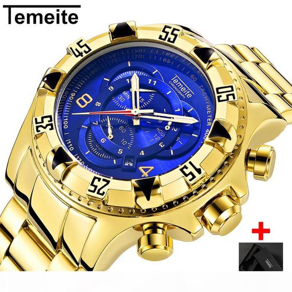 

dropshipping temeite men watch chronograph gold business quartz watches men waterproof sport military male wristwatches free, Slivery;brown