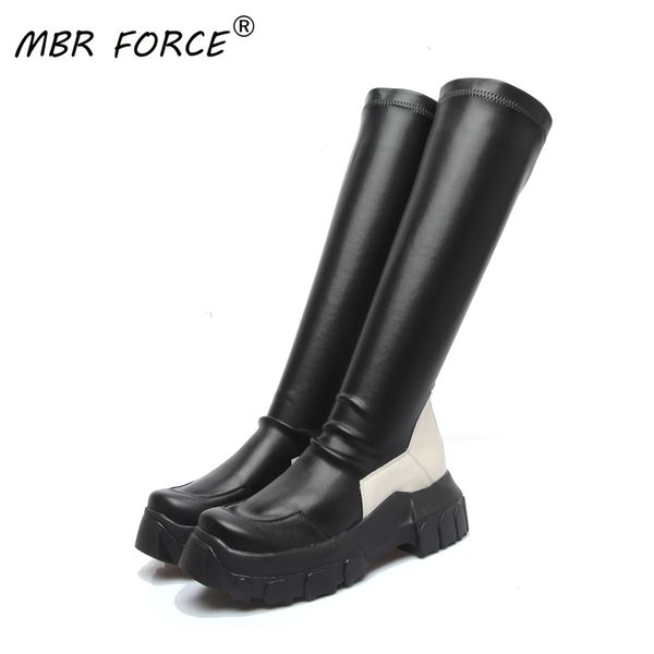 

mbr force женщины дамы девушки моды колено высокие сапоги обувь западный стиль all-матч на высоких каблуках панк толстым дном мотоцикл сапог, Black