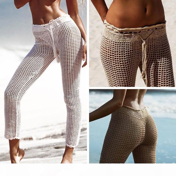 

новые женщины summer beach выдалбливают бинты эластичные штаны see through сетки крючком flare pant sexy party брюки бикини cover up, Blue;gray