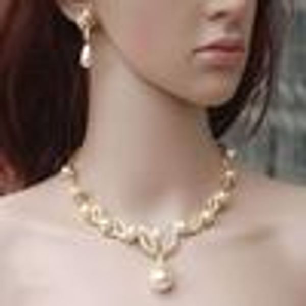 

gold plated cream pearl drop pearl and rhinestone crystal bridal necklace and earrings bridal jewelry sets