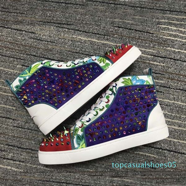 

12020 red bottom hight cut spikes flats shoes for men women leather sneakers casual shoes with dust bag t05, Black