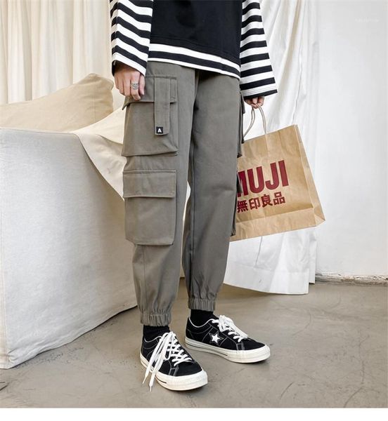 

cargo pants multi pocket sports work trousers solid color loose male fashion clothing mens designer slim, Black