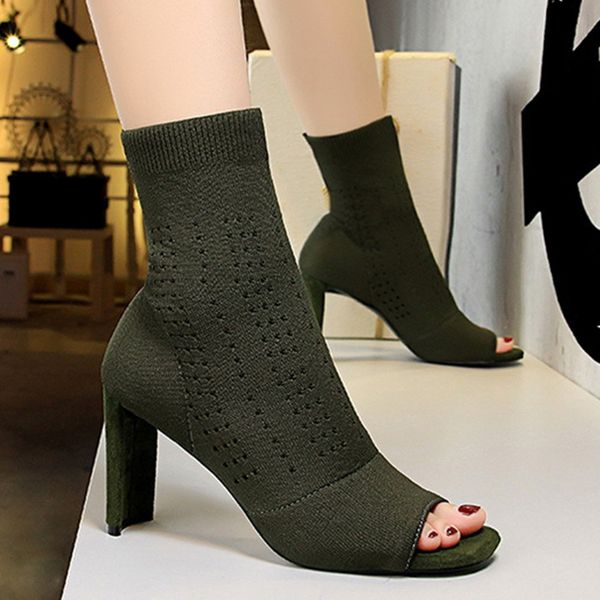 

slip on woman comfort sock boots female dropshipping women shoes knitted mid-calf boots ladies peep toe square heels pumps, Black
