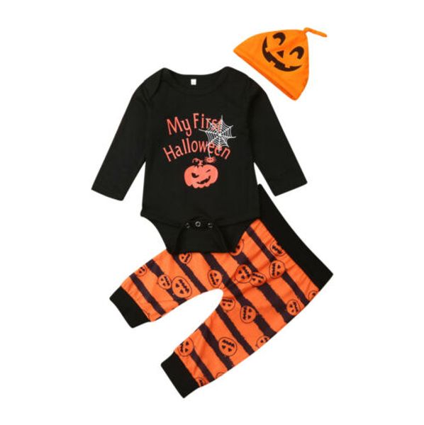 

newborn baby girls boys clothes halloween romper jumpsuit+hat+pants outfit sets, White