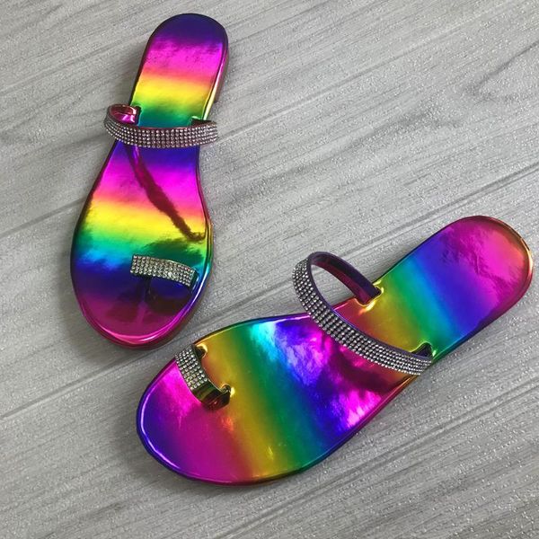 

summer beach rainbow sandals women rhinestones toe ring sandals colorful flat shoes female casual shoes d30, Black