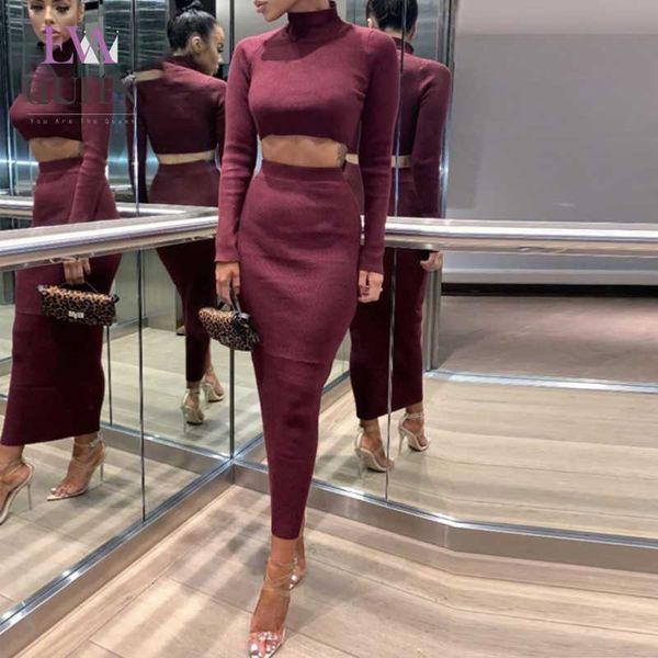 

evaqueen 2020 autumn bodycon 2 piece set women fashion crop and long sleeve casual two piece set solid clothes outfits, Gray