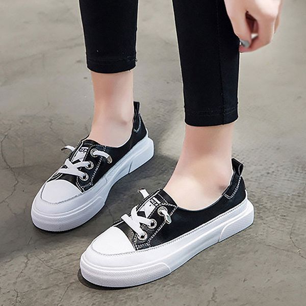 

women pu leather lace-up flat white shoes ladies platform shoe female casual fashion woman sewing non-slip footwear 2020 new, Black