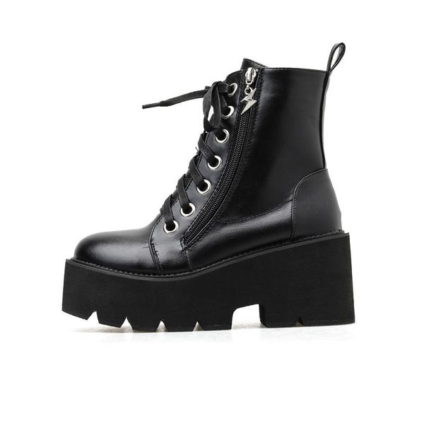 

xibeilove 2020 new low boots comfortable round toe waterproof platform lace-up zipper non-slip bottom wedge heel women's boots, Black