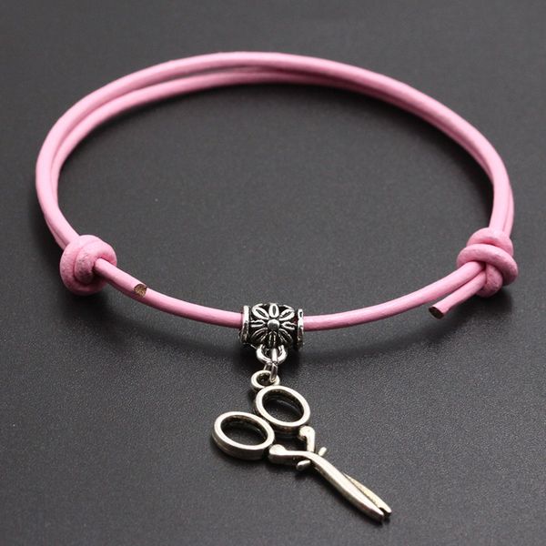 

10 colors genuine leather bracelet anklet diy handmade cute scissors pendant charm bracelet for women fashion jewelry, Red;blue