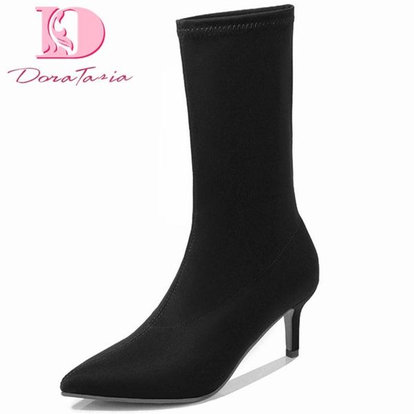 

brand new large sizes 42 thin heels woman shoes elastic stretch fabric fashion office ladies boots, Black