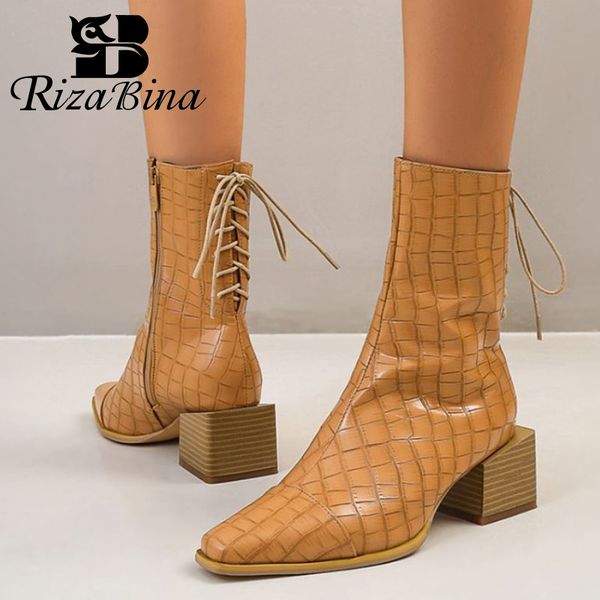 

rizabina plus size 34-48 women boots fashion cross strap thick heel winter shoes woman zipper office lady party footwear, Black