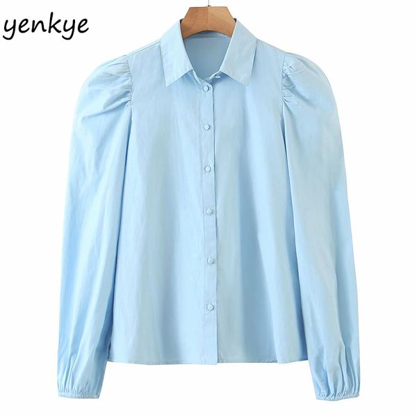 

vintage light blue blouse shirt women lapel collar puff sleeve fashion office ladies shirts plus size autumn blusas femininas, White