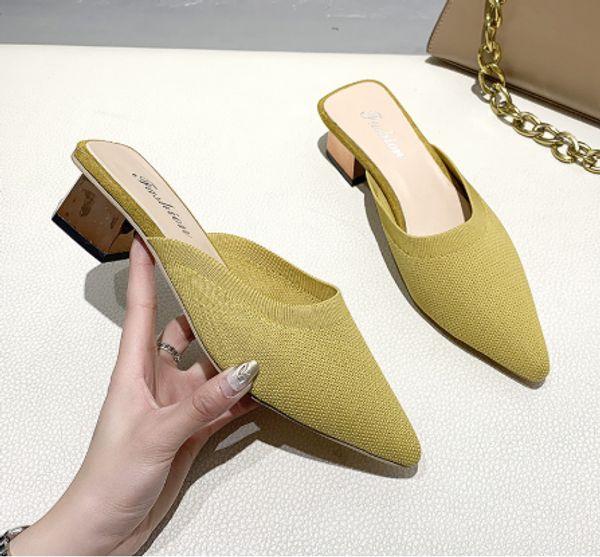 

summer 2020 new elegant women yellow black knitted slides mules mesh breathable flat slippers closed toe slides party shoes