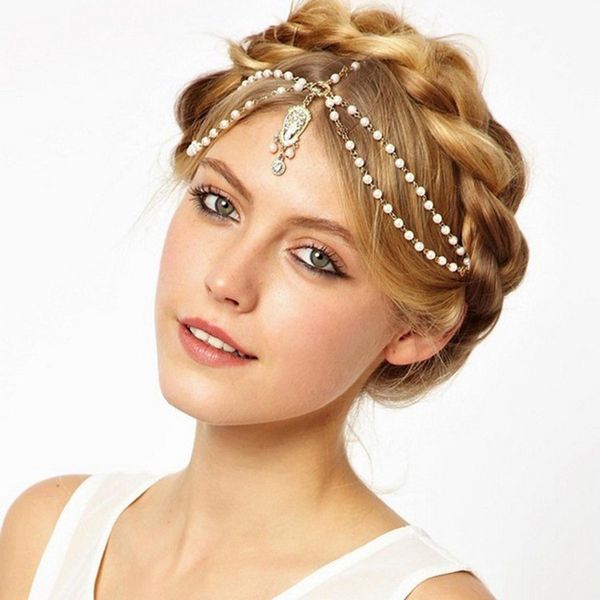 

other 1pcs hair band head dress boho beaded piece headbands fashion women chain jewelry decoration, Golden;white