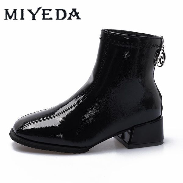 

boots leather women british fashion 2021 korean square toe skinny lady patent chunky heel ankle, Black