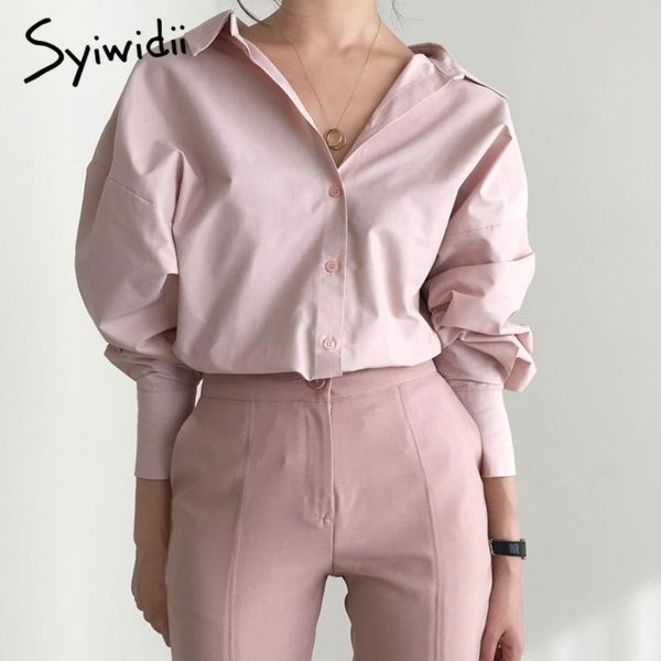 

syiwidii women blouses elegant fashion office lady chic korean loose long sleeve shirts pin white back v neck woman clothes