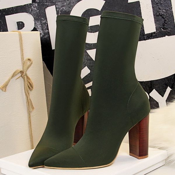 

2020 new women stretch sock boots chunky block heels high heels spring autumn high-heeled boots pointed womens, Black