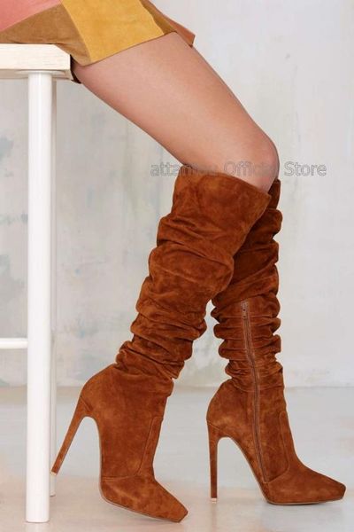 

caramel brown замша pointerd toe длинных сапог женщины колено высокий тонкий высокий heeled бот plus размер 43, Black